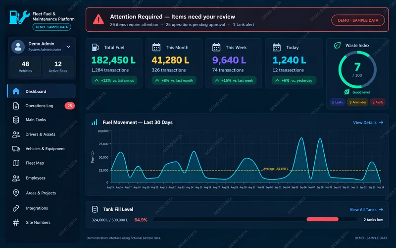 Executive summary in the diesel system: waste index and diesel movement over the last 30 days